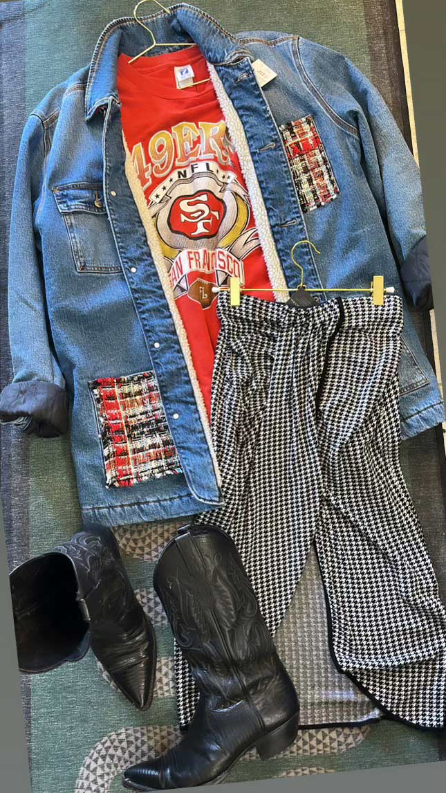 an outfit arranged with a 49ers red shirt, denim jacket, checked pants and cowboy boots