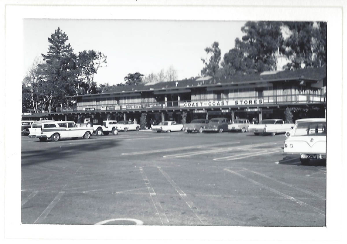 Vintage black and white photo of Carlmont Village Shopping Center with COAST COAST STORES